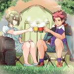  2boys asticassia_school_uniform backpack bag blonde_hair blue_eyes brown_hair camping camping_chair cup earrings elan_ceres full_body grass green_jacket green_shorts guel_jeturk gundam gundam_suisei_no_majo hair_between_eyes holding holding_cup jacket jacket_on_shoulders jewelry long_hair looking_at_another male_focus mullet multicolored_hair multiple_boys one_eye_closed orange_footwear outdoors parted_lips pink_hair purple_shirt sanada_ikki school_uniform shirt short_hair short_sleeves shorts sidelocks sitting smile steam tassel tassel_earrings tent two-tone_hair white_footwear white_shirt white_shorts yellow_eyes 