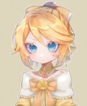  1girl aku_no_musume_(vocaloid) bangs bare_shoulders blonde_hair blue_eyes bow brooch choker collarbone commentary detached_collar dress dress_bow dress_flower evillious_nendaiki frilled_choker frills hair_between_eyes hair_bow highres jewelry kagamine_rin looking_at_viewer orange_bow parted_lips riliane_lucifen_d&#039;autriche solo strapless strapless_dress swept_bangs tsurime updo upper_body urin_(coconuts3252) v-shaped_eyebrows vocaloid yellow_bow yellow_choker yellow_dress 
