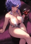  1girl absurdres artist_name azur_lane bare_shoulders blue_hair blue_nails breasts collarbone commentary crossed_legs cup curvy dress drinking_glass english_commentary evening_gown glint hand_up highres holding holding_cup jewelry large_breasts lips nail_polish necklace official_alternate_costume parted_lips patreon_logo patreon_username purple_eyes queasy_s revealing_clothes short_ponytail sideboob sidelocks silver_dress sitting smile solo st._louis_(azur_lane) st._louis_(luxurious_wheels)_(azur_lane) thighs twitter_username wavy_hair wide_hips wine_glass 