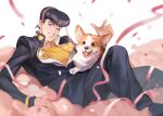  1boy absurdres black_hair black_jacket black_pants blue_eyes brooch confetti dog gakuran heart higashikata_josuke highres jacket jewelry jojo_no_kimyou_na_bouken long_sleeves looking_at_viewer male_focus pants peace_symbol pompadour reclining school_uniform shirt short_hair streamers teeth tongue tongue_out welsh_corgi xianyu314 yellow_shirt 