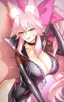  1girl animal_ear_fluff animal_ears bangs black_bodysuit blush bodysuit bow breasts center_opening choker cleavage explosive fate/grand_order fate_(series) fox_ears fox_girl fox_tail grenade hair_between_eyes hair_bow highres hip_vent kaji_zarame koyanskaya_(assassin)_(first_ascension)_(fate) koyanskaya_(fate) large_breasts long_hair looking_at_viewer open_mouth pink_bow pink_hair ponytail sidelocks smile solo tail tamamo_(fate) thighs yellow_eyes 