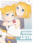  1boy 1girl anniversary arms_around_neck bare_shoulders blonde_hair blue_eyes crop_top detached_sleeves grey_sailor_collar grey_shorts hair_ornament hairclip happy_birthday haru_no_no highres hug kagamine_len kagamine_rin looking_at_viewer looking_to_the_side midriff mutual_hug necktie number_tattoo sailor_collar shirt short_ponytail short_sleeves shorts shoulder_tattoo sleeveless sleeveless_shirt smile tattoo vocaloid 