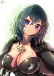  1girl armor artist_logo artist_name bangs between_breasts black_cape blue_eyes blue_hair bodice breasts bustier byleth_(fire_emblem) byleth_(fire_emblem)_(female) cape chinchongcha cleavage closed_mouth coat detached_collar dot_nose english_commentary fire_emblem fire_emblem:_three_houses hair_between_eyes head_tilt highres large_breasts light_blush light_particles looking_at_viewer medallion medium_hair purple_eyes rainbow_gradient shoulder_armor smile solo sparkle tassel turtleneck upper_body 