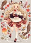  1girl :d acorn animal_ears apron artist_name autumn autumn_leaves bangs blonde_hair blunt_bangs bow braid branch brown_footwear brown_hairband capelet commentary deer_ears fangs footwear_bow full_body grey_background hairband hand_up highres hikimayu holding holding_leaf lace-trimmed_capelet lace_trim layered_skirt leaf long_hair looking_at_viewer mushroom open_mouth orange_eyes original red_skirt shoes side_braids signature skin_fangs skirt smile socks solo squirrel standing standing_on_one_leg tabi_0v0 twin_braids waist_apron waist_bow white_apron white_capelet white_socks 