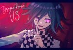  1boy :d artist_name bangs black_hair checkered_clothes checkered_scarf copyright_name curtains danganronpa_(series) danganronpa_v3:_killing_harmony grey_jacket hair_between_eyes hand_up index_finger_raised jacket letterboxed long_sleeves male_focus mikao_(eanv5385) multicolored_hair open_mouth ouma_kokichi pink_eyes red_background scarf shiny shiny_hair smile solo two-tone_hair 