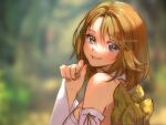  1girl asymmetrical_hair back_bow bare_shoulders blue_eyes blurry blurry_background bow breasts brown_hair detached_sleeves final_fantasy final_fantasy_x green_eyes hair_between_eyes hand_to_own_mouth heterochromia highres japanese_clothes light_blush long_sleeves looking_at_viewer looking_back medium_breasts medium_hair nexeee nontraditional_miko parted_lips shirt sleeveless sleeveless_shirt smile solo twitter_username upper_body white_shirt wide_sleeves yuna_(ff10) 