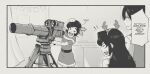  1boy 2girls anti-tank_missile bangs christmas dojikko_pose dress english_commentary english_text fake_antlers greyscale holly_(tyrone) monochrome multiple_girls original parted_bangs pun santa_dress speech_bubble tooth_gap tow_atgm tyrone weapon 