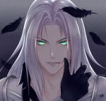  1boy armor bangs bishounen black_feathers black_gloves blood blood_from_mouth falling_feathers feathers final_fantasy final_fantasy_vii final_fantasy_vii_remake gloves glowing glowing_eyes gradient gradient_background green_eyes grey_background grey_hair highres island542 long_bangs long_hair looking_at_viewer male_focus parted_bangs parted_lips sephiroth shoulder_armor slit_pupils solo upper_body wiping_mouth 