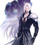  1boy absurdres aqua_hair armor bangs black_gloves black_jacket blurry blurry_background chest_strap cowboy_shot final_fantasy final_fantasy_vii final_fantasy_vii_remake floral_background gloves grey_hair highres holding holding_sword holding_weapon jacket long_bangs long_hair long_jacket long_sleeves male_focus masamune_(ff7) parted_bangs parted_lips sephiroth shoulder_armor smile solo sword weapon xianyu314 