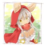  1other androgynous animal_ears apple bangs border brown_fur cloak ears_through_headwear eating food frilled_sleeves frills fruit furry highres holding holding_food holding_fruit hood hood_up hooded_cloak horizontal_pupils made_in_abyss mumu_yu_mu nanachi_(made_in_abyss) other_focus rabbit_ears red_cloak red_hood short_hair_with_long_locks solo whiskers white_border white_hair yellow_eyes 