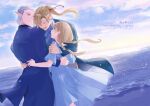  1girl 2boys blue_dress blue_ribbon blue_suit braid closed_eyes copyright_name crise day dress elliot_melville euphie_(pixiv_fantasia_age_of_starlight) formal grey_hair group_hug hug jewelry light_brown_hair low_twin_braids multiple_boys pixiv_fantasia pixiv_fantasia_age_of_starlight pointy_ears ponytail purple_eyes ribbon ring sky standing suit twin_braids water wer_tlos 