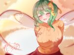  &gt;_&lt; 1girl :3 :d ^_^ alternate_costume arms_behind_back bangs blush bow breasts closed_eyes commentary_request daiyousei dated fairy_wings green_hair hair_between_eyes hair_bow highres large_breasts looking_at_viewer nisson_(nisiyuu) orange_sweater red_skirt ribbed_sweater side_ponytail sidelocks signature skirt smile solo sunset sweater touhou upper_body wings x3 yellow_bow 