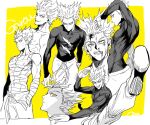  1boy abs bandages black_shirt blood blood_on_face character_name garou_(one-punch_man) grey_hair high_kick kicking limited_palette long_hair male_focus mayuki_(ubiquitous) multiple_views one-punch_man shirt smirk yellow_background yellow_eyes 