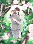 2boys absurdres araragi_soushi blurry blurry_foreground brown_hair bug butterfly day flower formal glasses grey_pants highres hug multiple_boys necktie official_art outdoors pants pocket_square short_hair standing suit white_flower white_necktie white_suit yaoi 