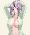  1girl absurdres bangs breasts cleavage closed_mouth green_shirt hair_tie highres kakko_madoka large_breasts long_hair long_sleeves looking_at_viewer naked_shirt navel no_bra open_clothes open_shirt parted_bangs ponytail purple_eyes purple_hair shion_(tensei_shitara_slime_datta_ken) shirt simple_background smile solo tensei_shitara_slime_datta_ken tying_hair unbuttoned unbuttoned_shirt upper_body yellow_background 