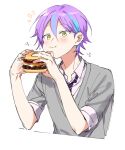  1boy aqua_hair bangs burger cheek_bulge closed_mouth collared_shirt diagonal-striped_necktie eating food hk_(wgyz7222) kamishiro_rui kamiyama_high_school_uniform_(project_sekai) korean_text long_sleeves necktie project_sekai purple_hair school_uniform shirt short_hair sleeves_rolled_up solo striped_necktie white_background 