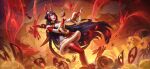  1girl :d absurdres bangs black_hair braid bug butterfly dress feet_out_of_frame fire from_below fur-trimmed_dress fur_trim highres holding league_of_legends league_of_legends:_wild_rift long_hair long_sleeves multicolored_hair mythmaker_seraphine official_alternate_costume official_art open_mouth rabbit red_hair red_thighhighs seraphine_(league_of_legends) shiny shiny_hair smile solo_focus standing thighhighs third-party_source very_long_hair white_dress 