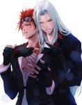  2boys aqua_eyes arm_around_shoulder bangs black_gloves black_jacket blush closed_eyes earrings facial_mark final_fantasy final_fantasy_vii final_fantasy_vii_remake fingerless_gloves gloves goggles goggles_on_head grey_hair hair_between_eyes hair_over_shoulder hand_on_another&#039;s_chest highres jacket jewelry long_bangs long_hair long_sleeves low_ponytail male_focus multiple_boys official_alternate_costume one_eye_closed parted_bangs parted_lips reno_(ff7) sephiroth shirt short_hair_with_long_locks single_earring smile spiked_hair spykeee suit_jacket twitter_username upper_body watermark white_background white_shirt yaoi 