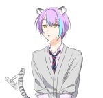  1boy animal_ears aqua_hair bangs cardigan collared_shirt grey_cardigan hk_(wgyz7222) kamishiro_rui kamiyama_high_school_uniform_(project_sekai) male_focus necktie open_mouth project_sekai purple_hair school_uniform shirt short_hair sleeves_rolled_up solo striped_necktie tail wiggling 