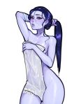  1girl arm_up bangs bare_shoulders blush blushyspicy breasts collarbone colored_skin cowboy_shot highres large_breasts long_hair looking_at_viewer naked_towel overwatch parted_lips ponytail purple_skin shiny shiny_skin solo standing teeth towel wet widowmaker_(overwatch) yellow_eyes 