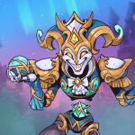  1boy armor ball bow bowtie colored_sclera disembodied_torso gem grin helmet holding holding_ball league_of_legends male_focus orange_sclera outdoors phantom_ix_row shaco shoulder_armor smile solo teeth white_bow white_bowtie winterblessed_shaco yellow_eyes 