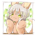  1other :3 androgynous animal_ears bangs border brown_fur closed_mouth commentary_request furry hands_on_own_cheeks hands_on_own_face highres horizontal_pupils looking_at_viewer made_in_abyss mumu_yu_mu nanachi_(made_in_abyss) other_focus rabbit_ears sketch solo tail upper_body whiskers white_border white_hair yellow_eyes 