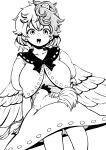  1girl absurdres animal_on_lap bird bird_wings bow bowtie chicken dress greyscale highres himajin_noizu looking_at_viewer monochrome multicolored_hair niwatari_kutaka on_lap open_mouth short_hair simple_background teeth touhou two-tone_hair upper_teeth_only wings 