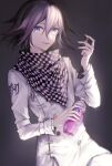  1boy bangs black_scarf bottle brown_background buttons checkered_clothes checkered_scarf cowboy_shot danganronpa_(series) danganronpa_v3:_killing_harmony double-breasted fanta gradient gradient_background grey_jacket grey_pants hair_between_eyes hand_up highres holding holding_bottle holding_dice jacket long_sleeves looking_at_viewer male_focus medium_hair ouma_kokichi pants scarf shiny shiny_hair smile solo teeth upper_teeth_only white_scarf wowishi 