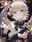  1boy androgynous bishounen black_bow black_bowtie blonde_hair blue_eyes blurry blurry_background bow bowtie braid hands_up highres namiki_itsuki original shirt short_hair solo upper_body watch white_shirt wristwatch 