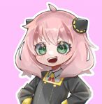  1girl :d ahoge anya_(spy_x_family) bangs black_dress blush collared_shirt dress eden_academy_school_uniform female_child gold_trim green_eyes hairpods hands_on_hips neck_ribbon open_mouth pink_background pink_hair red_ribbon ribbon school_uniform shirt smile solo spy_x_family urin_(coconuts3252) wavy_hair 