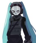  1girl armor black_gloves blue_eyes blue_hair bulletproof_vest call_of_duty:_modern_warfare_2 cheolsae cosplay ghost_(modern_warfare_2) gloves hatsune_miku hatsune_miku_(cosplay) long_hair mask skull_mask twintails very_long_hair vocaloid white_background 