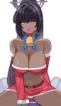  1girl absurdres alternate_costume armpit_crease bandeau bangs bare_shoulders bell belt between_legs black_hair blue_archive blush breasts cameltoe choker christmas cleavage condom condom_in_mouth condom_wrapper dark-skinned_female dark_skin detached_sleeves fur_trim halo heavy_breathing highres kaosu_kun karin_(blue_archive) large_breasts long_hair long_sleeves looking_at_viewer midriff miniskirt mouth_hold navel neckerchief panties panty_peek parted_lips ponytail red_choker red_skirt santa_costume sitting skirt solo spread_legs stomach strapless thighs tube_top underwear very_long_hair white_panties yellow_eyes 