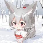  1girl animal_ear_fluff animal_ears bangs bare_tree barefoot blush breath day fox_ears fox_girl fox_tail grey_hair hair_between_eyes highres japanese_clothes kimono long_hair long_sleeves obi original outdoors parted_lips ponytail red_eyes sash snow solo standing tail tree very_long_hair white_kimono wide_sleeves yuuji_(yukimimi) 