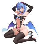  1girl :d ahoge armpits arms_up bangs black_footwear black_gloves black_leotard black_thighhighs blue_hair blue_wings breasts cleavage collar demon_horns demon_tail elbow_gloves ganyu_(genshin_impact) genshin_impact gloves grin heart high_heels horns large_breasts leotard long_hair looking_at_viewer low_wings navel parted_lips pubic_tattoo purple_eyes revealing_clothes simple_background sitting smile solo stomach tail tattoo thighhighs white_background wings woshikun01 yokozuwari 