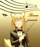  1girl alternate_costume animal_ear_fluff animal_ears bangs baton_(conducting) black_bow black_bowtie blazer blonde_hair bow bowtie closed_eyes closed_mouth collared_shirt commentary_request conductor cookie_(touhou) flat_chest formal fox_ears fox_girl fox_tail french_text highres jacket medium_hair miramikaru_riran musical_note satodesu_cookie shirt sidelocks smile solo staff_(music) suit tail upper_body white_shirt 