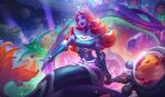  1girl :d animal bad_source bangs bare_shoulders belt breasts colored_skin colorful crown gem green_shirt holding holding_staff large_breasts league_of_legends long_hair mermaid monster_girl nami_(league_of_legends) octopus official_alternate_costume official_art open_mouth parted_bangs planet purple_eyes red_hair shirt smile solo space space_groove_nami staff 