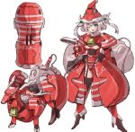  :d absurdres artificial_vagina bell boots commentary deer dress english_commentary front_slit grey_hair hair_bobbles hair_ornament hat high_heel_boots high_heels highres mechanical_boots medium_hair multiple_views neck_bell one_eye_closed original pinky_out red_dress reference_sheet santa_costume santa_hat sex_toy smile standing tenga transformation white_background yasuhara_roku 