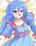  1girl :3 :d animal_ears blue_dress blue_hair collarbone dress highres long_hair looking_at_viewer low_twintails neko_mata open_mouth rabbit_ears rabbit_girl red_eyes seiran_(touhou) short_sleeves smile solo star_(symbol) touhou twintails upper_body 