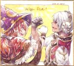  2boys bangs bow brown_coat capelet coat commentary_request crescent crescent_hat_ornament dated fur-trimmed_capelet fur_trim gloves grey_gloves hair_bow hat hat_ornament headphones high_priest_(ragnarok_online) high_wizard_(ragnarok_online) layered_clothes locked_arms long_hair long_sleeves looking_at_another male_focus multiple_boys open_mouth ponytail print_headwear purple_eyes purple_headwear ragnarok_online ragnarok_origin red_capelet red_coat red_eyes red_hair shikishi short_hair signature smile star_(symbol) star_print tan tokio_(okt0w0) traditional_media upper_body white_background white_coat white_gloves white_hair witch_hat 