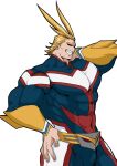  1boy abs all_might antenna_hair blonde_hair blue_bodysuit bodysuit boku_no_hero_academia bulge commentary_request covered_abs covered_navel cowboy_shot grin hand_on_hip hand_on_own_neck highres large_hands large_pectorals male_focus muscular muscular_male pectorals rose04111988 short_hair simple_background skin_tight smile solo standing white_background 