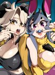  2girls absurdres ahoge animal_ear_fluff animal_ears bare_shoulders blonde_hair bongfill borrowed_character breasts candy center_opening chocolate cleavage collarbone curled_horns english_commentary finger_to_mouth food forehead goat_girl goat_horns grey_hair hair_between_eyes highres horns index_finger_raised large_breasts long_hair lower_teeth_only medium_hair midriff multiple_girls original pants purple_eyes purple_pants rabbit_ears rabbit_girl shiny shiny_skin susan_(rakeemspoon) sweater teeth tongue tongue_out upper_body upper_teeth_only yellow_eyes yellow_sweater 
