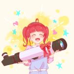  1girl ahoge bangs belt blue_hairband blunt_bangs bow closed_eyes hairband highres holding_telescope hoshina_hikaru long_hair long_sleeves nazamaza_super open_mouth pink_hair precure red_bow smile solo star_twinkle_precure telescope twintails 