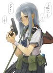  1girl battle_rifle dated grey_hair gun hair_over_one_eye handgun highres howa_type_64 long_hair mifune_(_mifune_707) new_nambu_m57 original rifle school_uniform serafuku translated trigger_discipline twitter_username weapon white_background yellow_eyes 