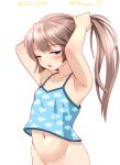  1girl aqua_eyes armpits blue_camisole brown_hair camisole cloud_print holding holding_hair kantai_collection kazagumo_(kancolle) long_hair navel no_panties one-hour_drawing_challenge one_eye_closed out-of-frame_censoring ponytail ray.s simple_background solo white_background 