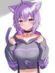  1girl absurdres ahoge animal_ears black_collar breasts cat_ears cat_tail collar cropped_hoodie highres hololive hood hoodie large_breasts midriff nekomata_okayu purple_eyes purple_hair smile tail torakichi_888 virtual_youtuber 