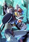  1boy android armor axl_(mega_man) brown_hair commentary dual_wielding english_commentary fujino_yuuki glass_shards green_eyes gun hands_up helmet highres holding holding_gun holding_weapon holographic_monitor leg_up long_hair looking_away male_focus mega_man_(series) mega_man_x:_command_mission mega_man_x_(series) monitor multiple_monitors parted_lips profile scar scar_on_face shards sign smile solo spiked_hair standing warning_sign weapon 
