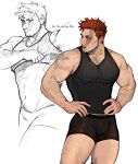  1boy absurdres arm_hair bara black_male_underwear black_tank_top boku_no_hero_academia boxer_briefs burn_scar chest_hair commentary dressing endeavor_(boku_no_hero_academia) english_text facial_hair feet_out_of_frame hairy hands_on_hips highres keva_(liltkeva) large_pectorals leg_hair male_focus male_underwear mature_male midriff_peek muscular muscular_male navel_hair pectoral_cleavage pectorals red_hair scar scar_on_face short_hair simple_background tank_top thick_thighs thighs underwear white_background 