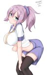  1girl absurdres aoba_(kancolle) bangs black_thighhighs blue_eyes blue_scrunchie breasts commentary_request dated highres kantai_collection large_breasts leaning_forward maru_(marg0613) midriff neckerchief one-hour_drawing_challenge ponytail purple_hair purple_sailor_collar purple_shorts sailor_collar sailor_shirt scrunchie shirt shorts simple_background solo thighhighs twitter_username white_background white_shirt yellow_neckerchief 