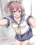  1girl aoba_(kancolle) blue_eyes gakky kantai_collection kneeling looking_at_viewer messy_hair neckerchief one-hour_drawing_challenge ponytail pov purple_hair purple_sailor_collar purple_shorts reaching_towards_viewer sailor_collar sailor_shirt school_uniform scrunchie serafuku shirt shorts solo white_shirt yellow_neckerchief 