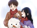  1boy 1girl black_hair blush brown_hair brown_sweater capelet eren_yeager female_child gloves green_eyes highres long_hair long_sleeves looking_at_another male_child mikasa_ackerman open_mouth purple_capelet purple_gloves red_scarf scarf shingeki_no_kyojin shirt short_hair smile snowman sweater upper_body white_shirt winter winter_clothes ys09_08 
